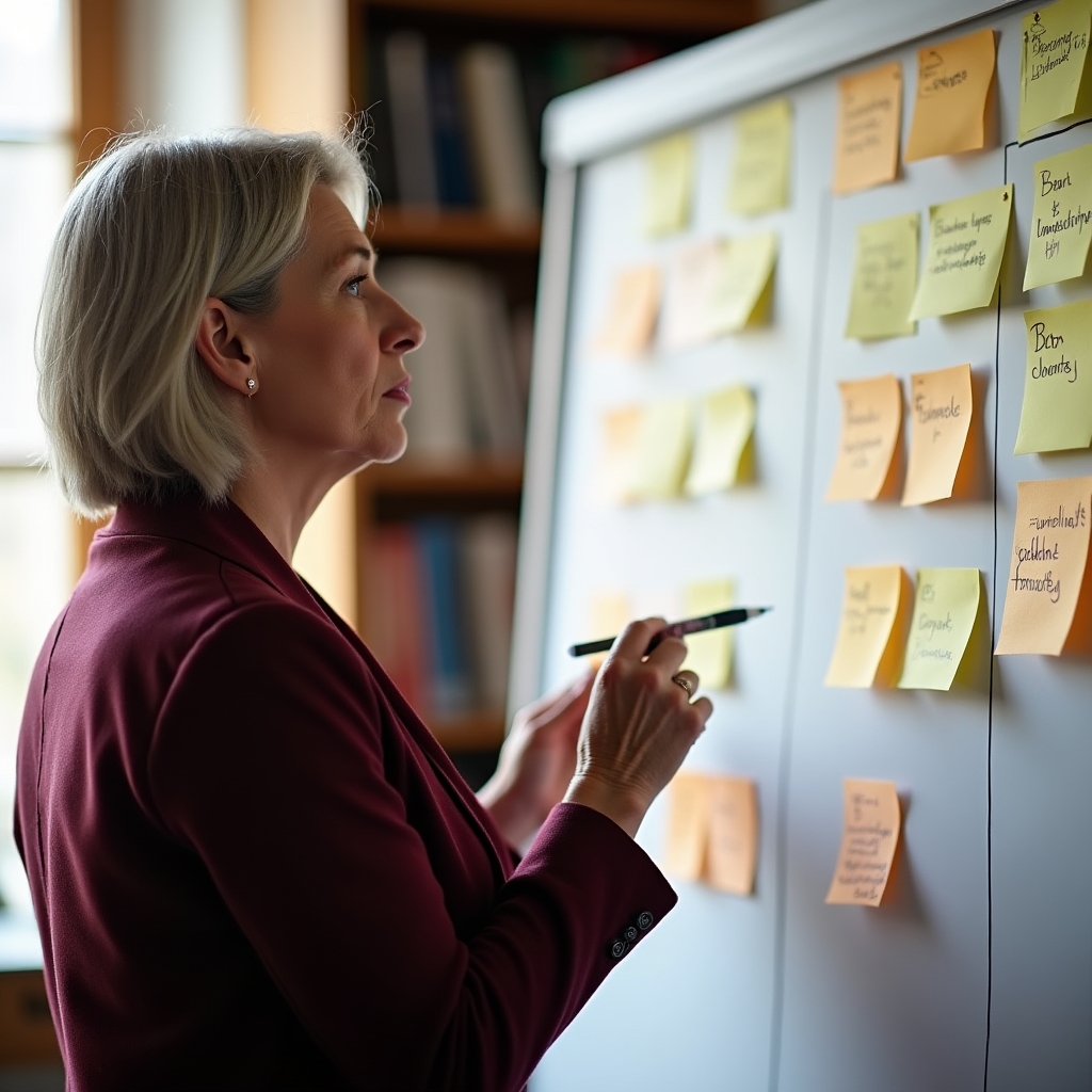 Instructor reviewing a content repurposing strategy with sticky notes on a board