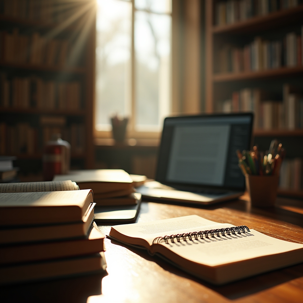 Research desk with reference books and an open notebook used for planning webinar content