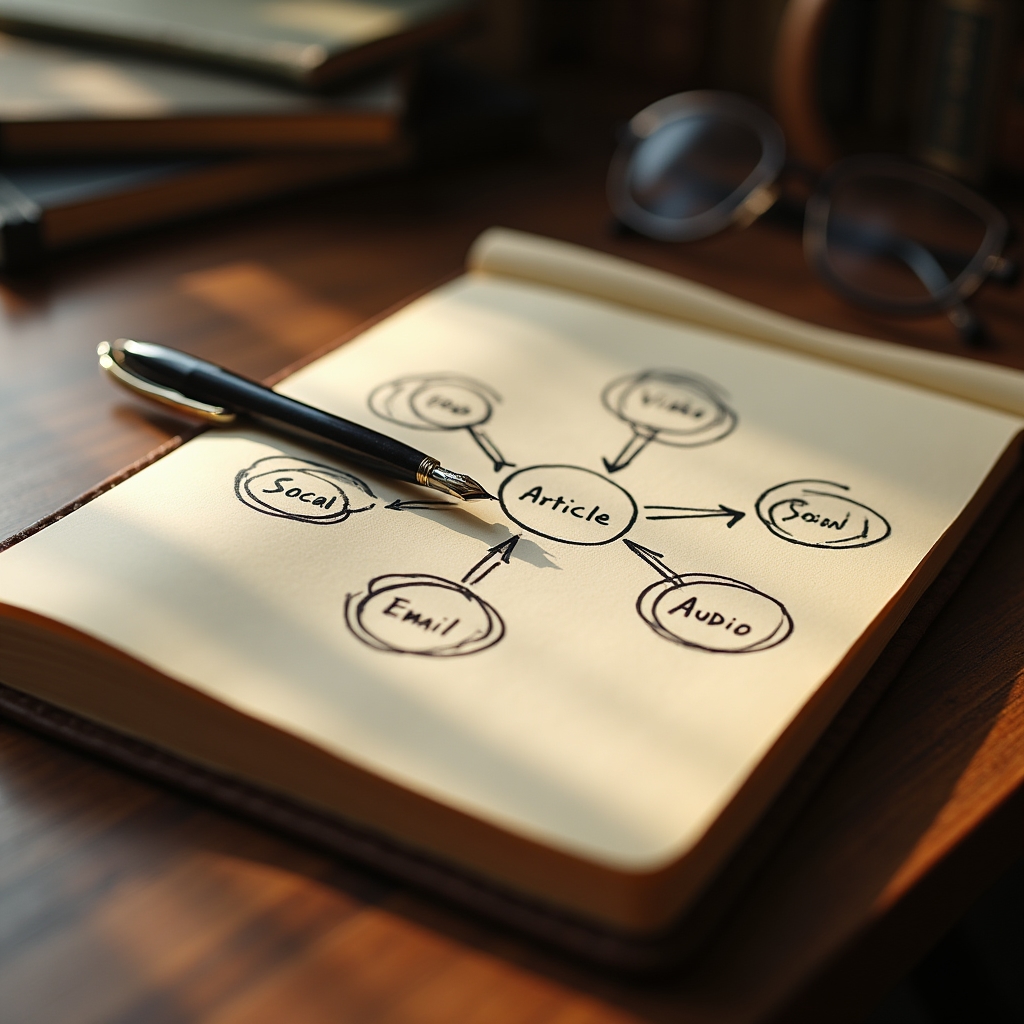 Handwritten content map showing one article branching into several channel formats