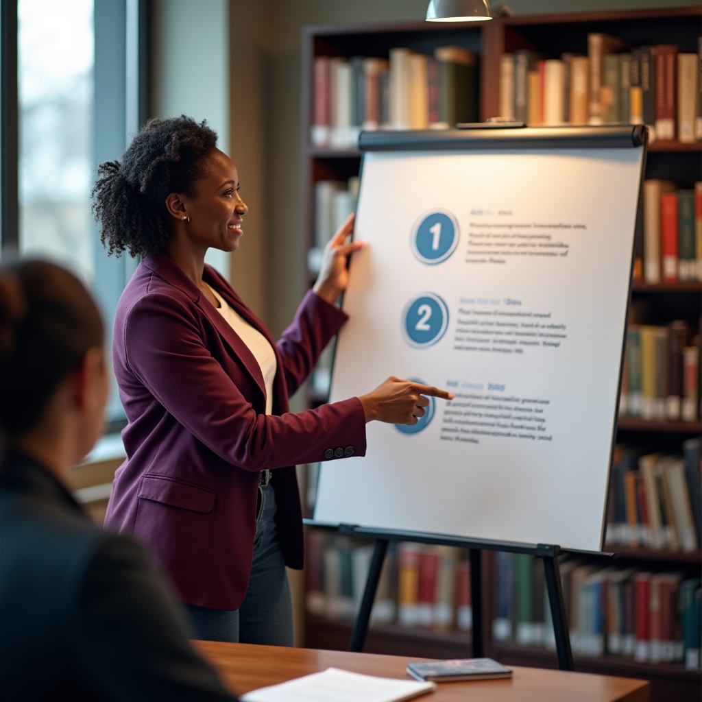 Instructor pointing to a roadmap diagram outlining stages of a content repurposing plan